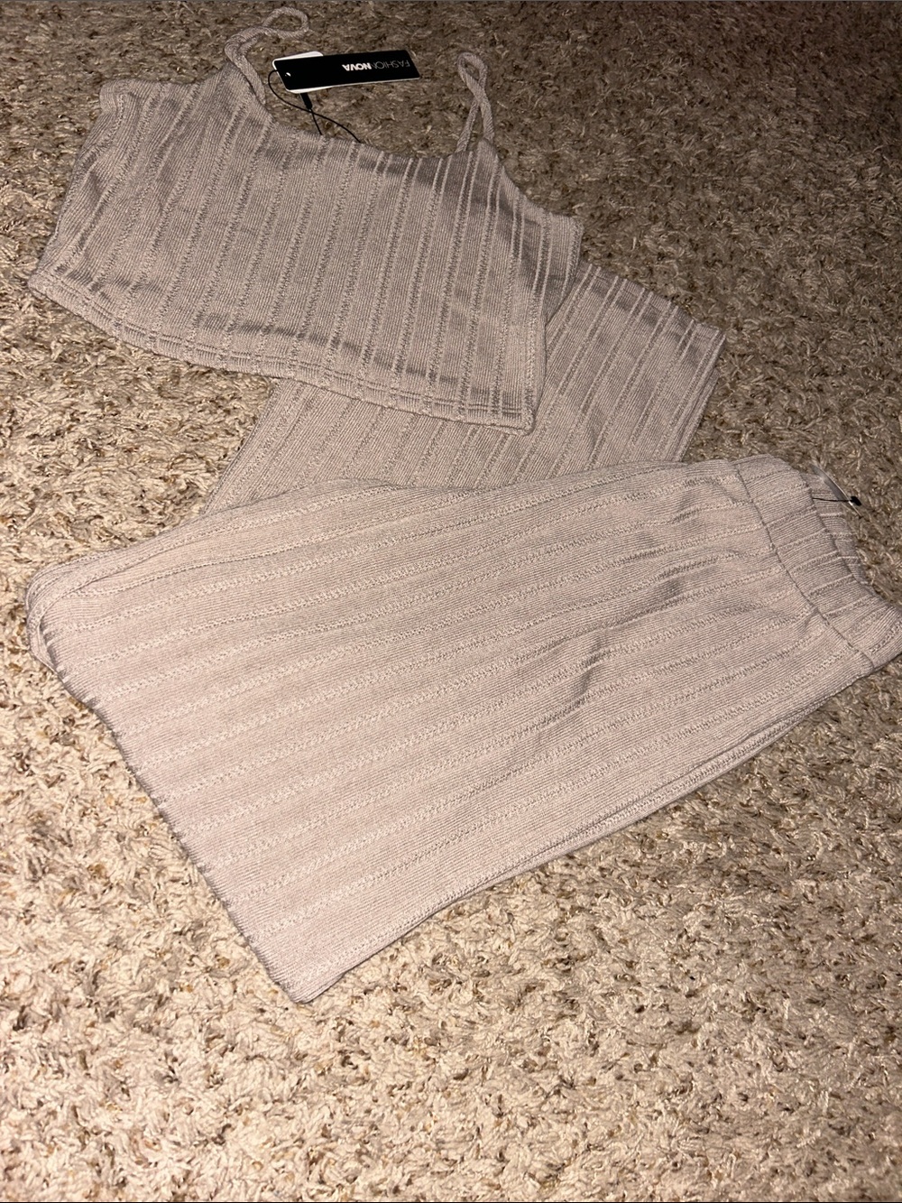 Ribbed Knit Two-Piece Set in Light Beige